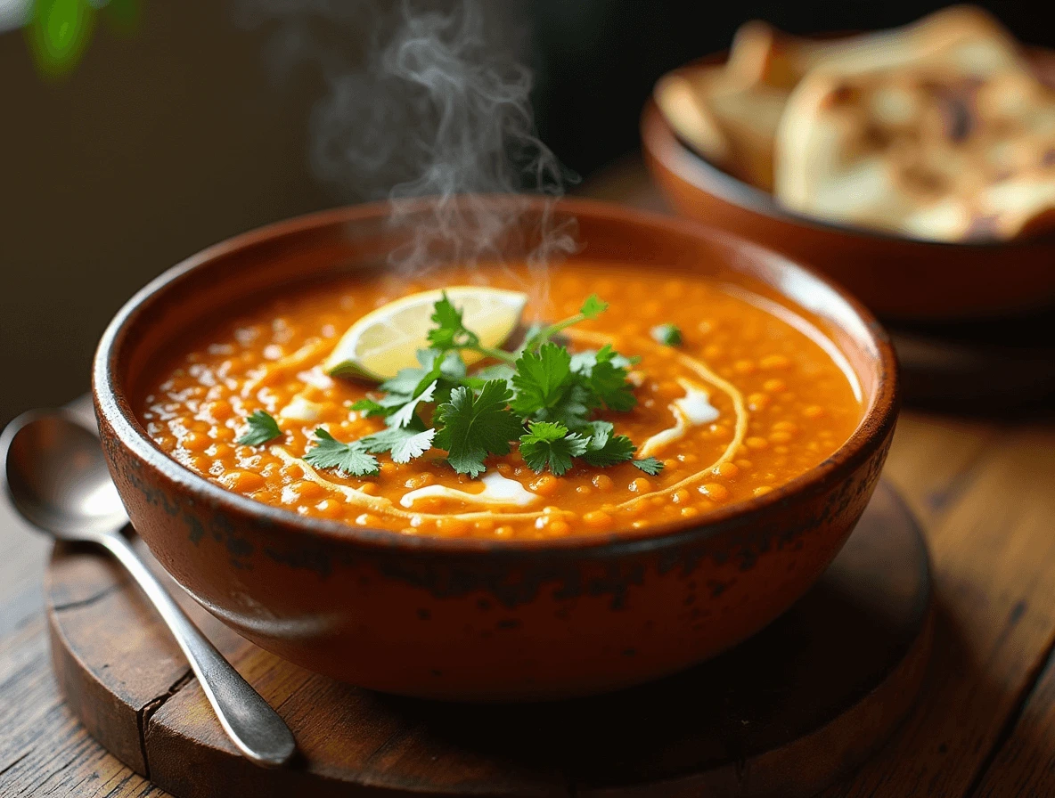 Delicious and comforting bowl of red lentil soup garnished with fresh cilantro, a lemon wedge, and served with crusty bread.