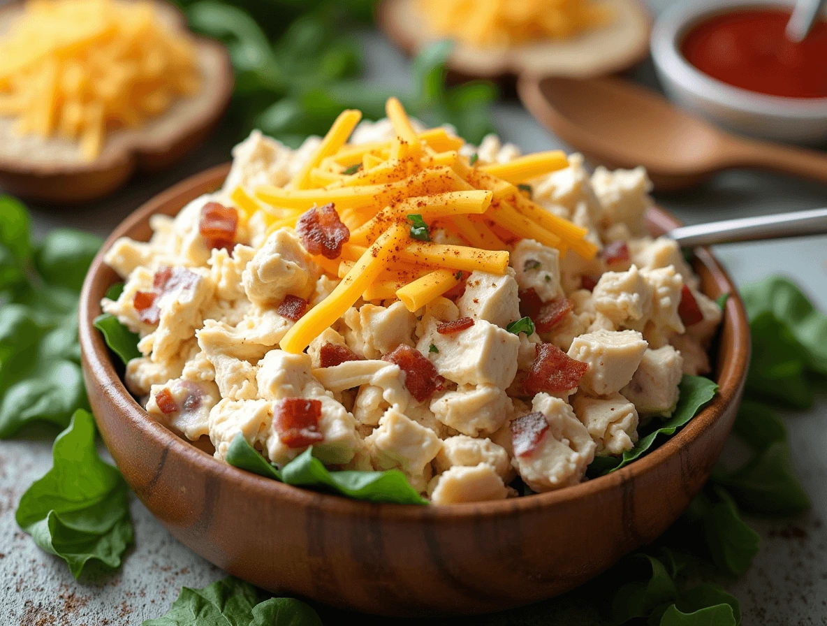 Cheesy and savory Sassy Scotty chicken salad with shredded chicken, crispy bacon, and cheddar cheese served in a rustic bowl.