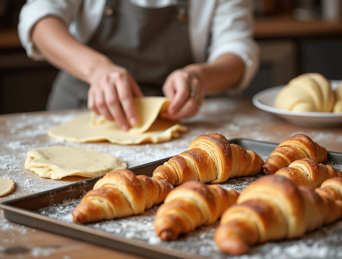 Hands shaping and folding dough to create perfect Gipfeli croissants.