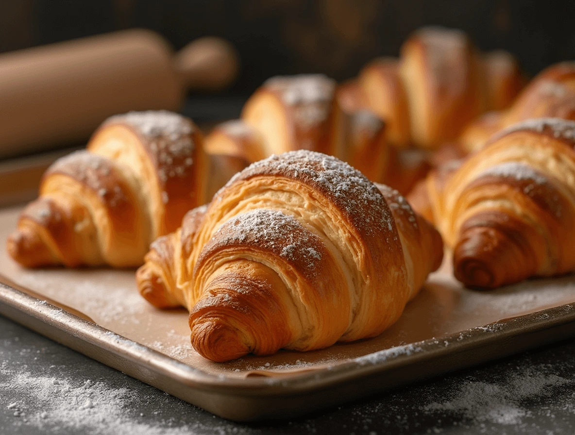 Freshly baked Gipfeli with a golden, flaky crust coming out of the oven.