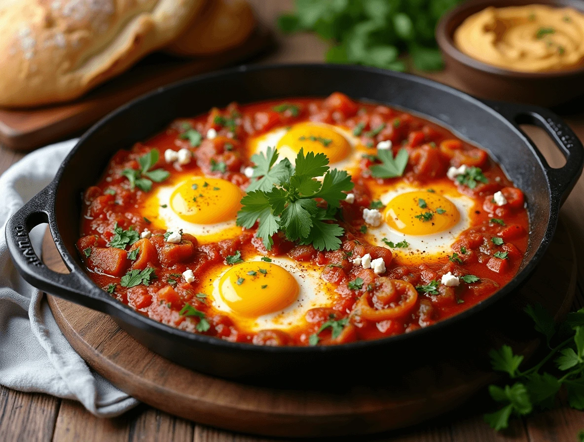 Shakshuka with eggs in a skillet, garnished with feta cheese, fresh herbs, and paprika.