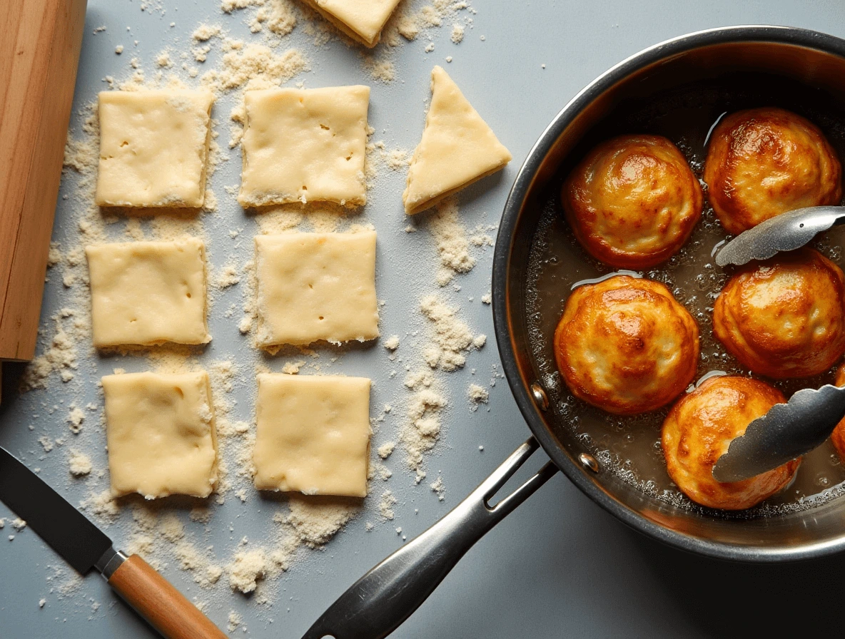 Squares of beignet dough being cut and shaped on a floured surface, with some pieces frying to a golden brown in hot oil.