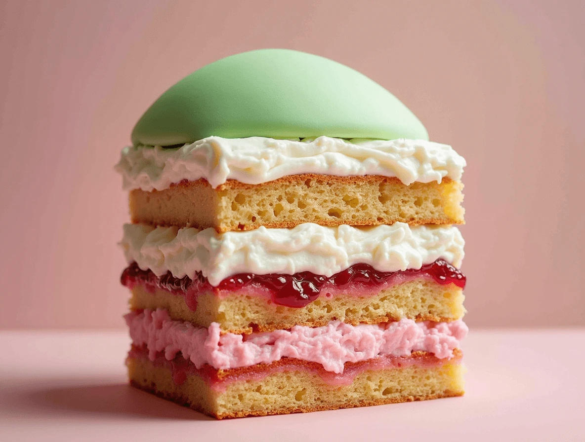 Close-up of the signature ingredients of Princess Cake: sponge cake, pastry cream, raspberry jam, whipped cream, and marzipan.