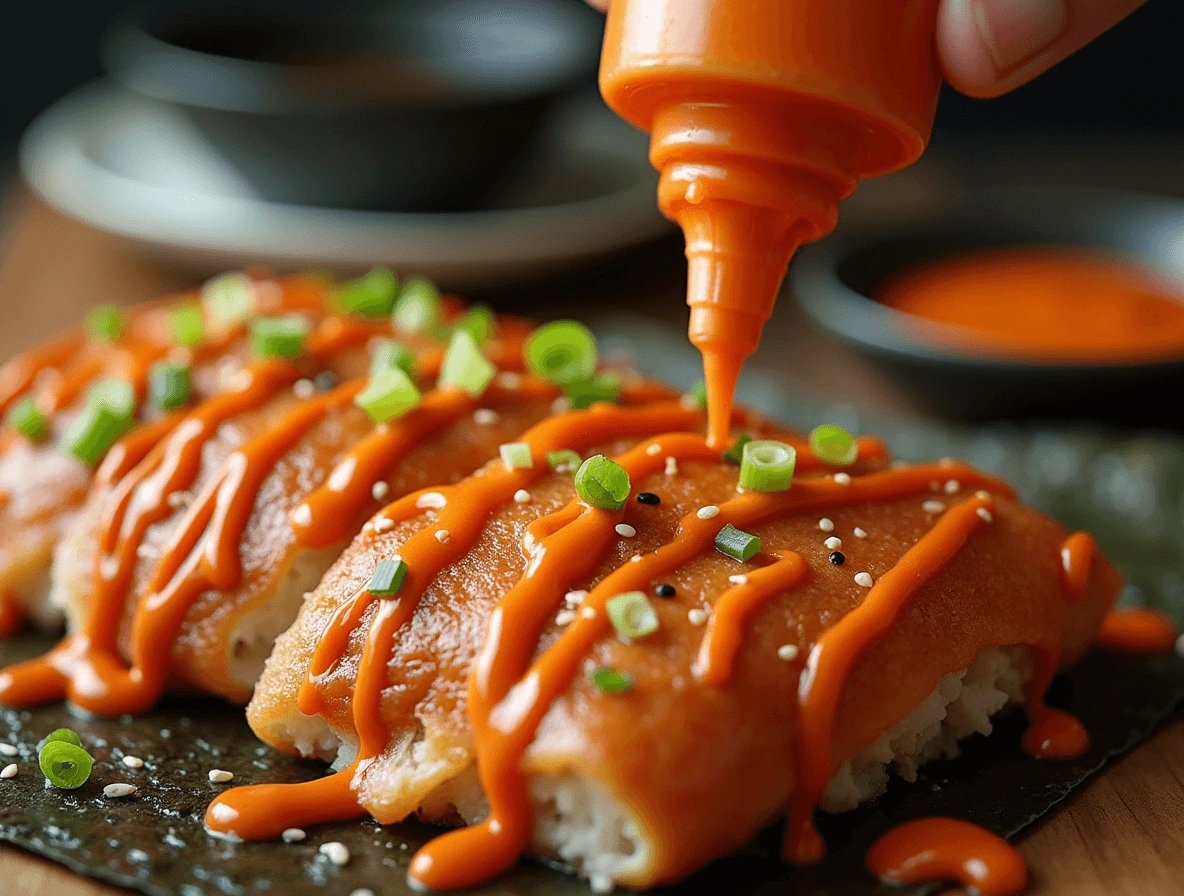 A drizzle of creamy spicy mayo and bold red Sriracha sauce over a freshly baked sushi bake tuna, creating a perfect balance of heat and richness.