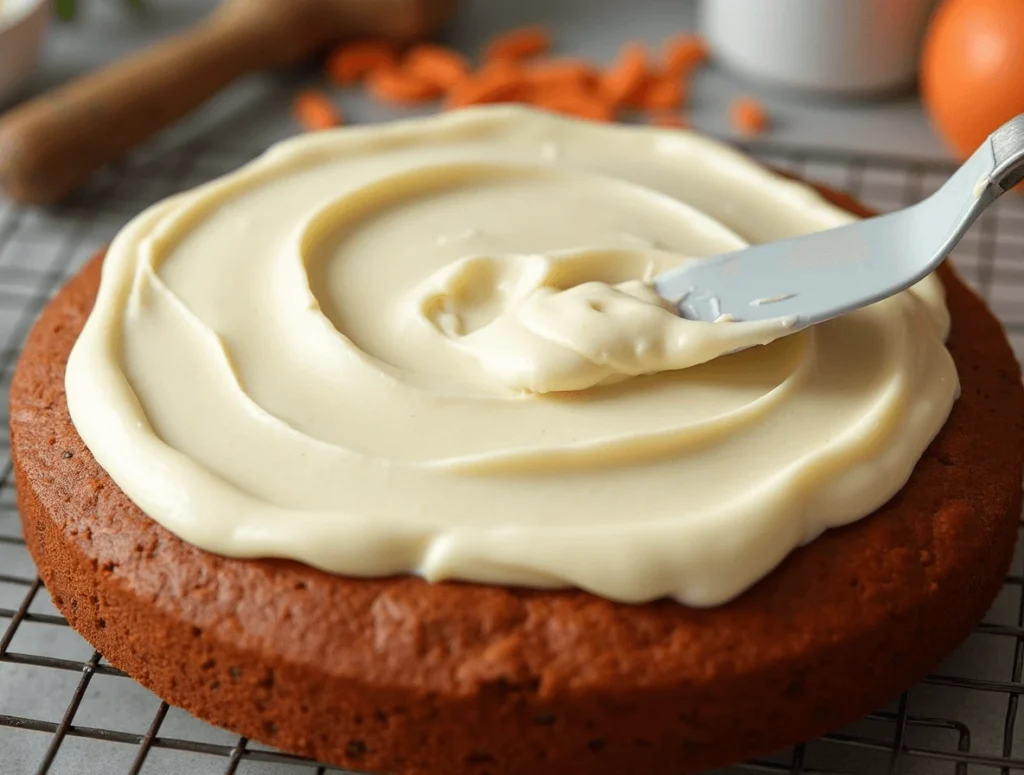 Spreading cream cheese frosting evenly over a cooled carrot cake.