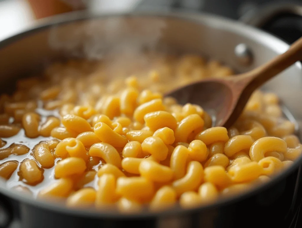 A close-up of elbow macaroni boiling in a pot of water on the stove, with steam rising and bubbles forming around the pasta.