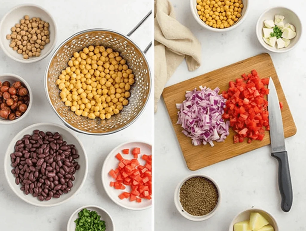 Preparing the ingredients for dense bean salad: draining chickpeas, black beans, kidney beans, and chopping fresh vegetables like tomatoes and onions.