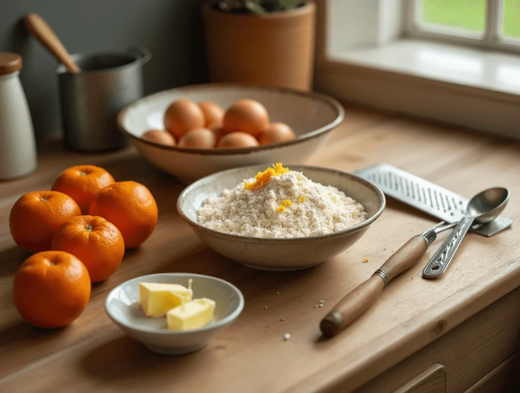 Ingredients for orange cake laid out on a wooden counter, including fresh oranges, flour, eggs, and butter, ready for baking.