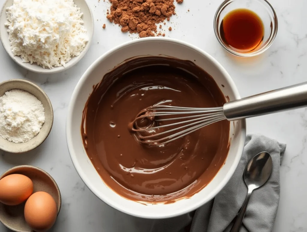 Ingredients for chocolate coconut cake batter being mixed in a bowl