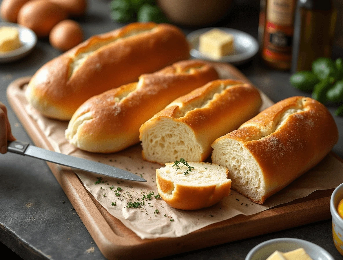 Freshly baked hoagie rolls and Italian bread being sliced and toasted for a grinder sandwich.