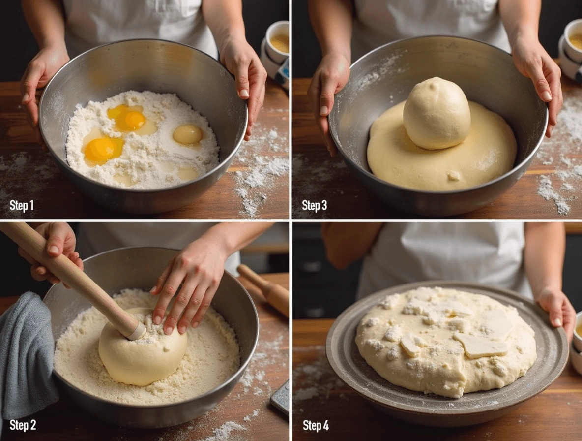 A baker’s hands mixing Long John donut dough in a bowl, then kneading it on a floured surface before letting it rest in a covered bowl for proofing.