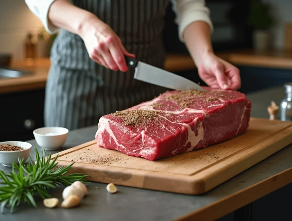 Preparing a ribeye roast with fresh herbs, garlic, and seasoning on a wooden cutting board.