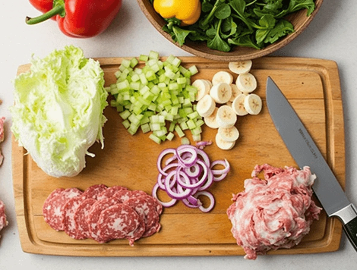 Chopping fresh vegetables and slicing deli meats for grinder salad preparation.