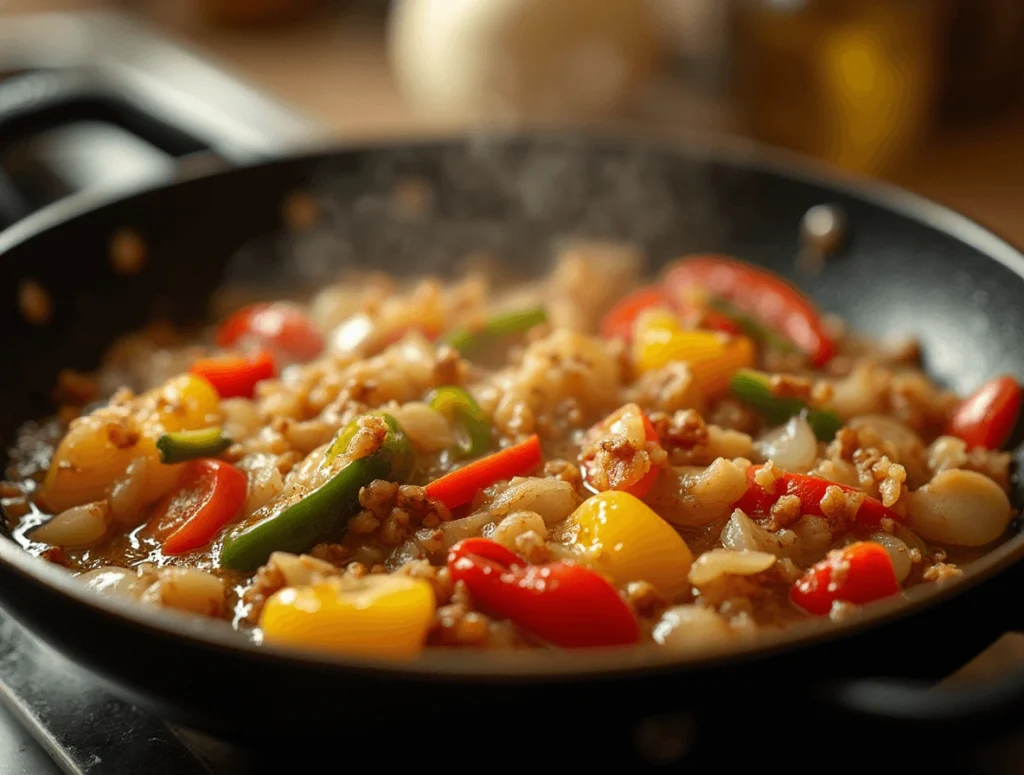 Sautéed onions, garlic, and bell peppers cooking in olive oil in a skillet.