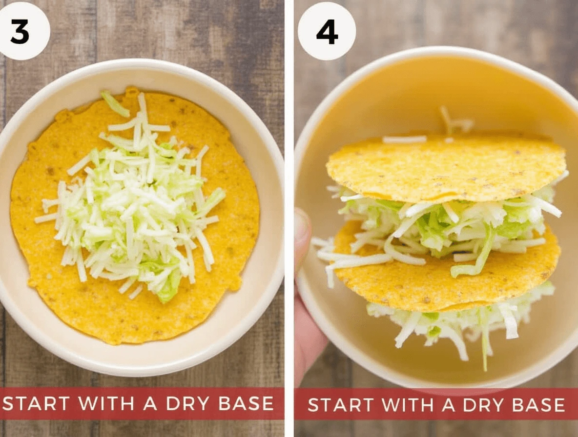 A crispy taco bowl shell with a base layer of shredded lettuce, grated cheese, and crumbled tortilla chips for the perfect foundation.