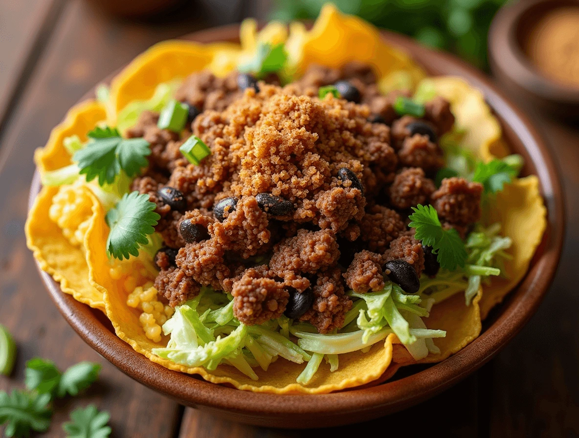 A crispy taco bowl filled with seasoned ground beef, grilled chicken, or black beans layered over a dry base of lettuce and cheese.