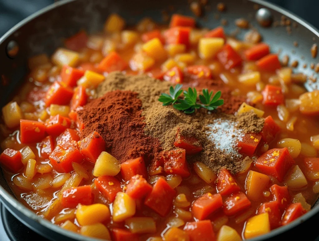 Tomatoes and spices added to a skillet, simmering to create the base for shakshuka.