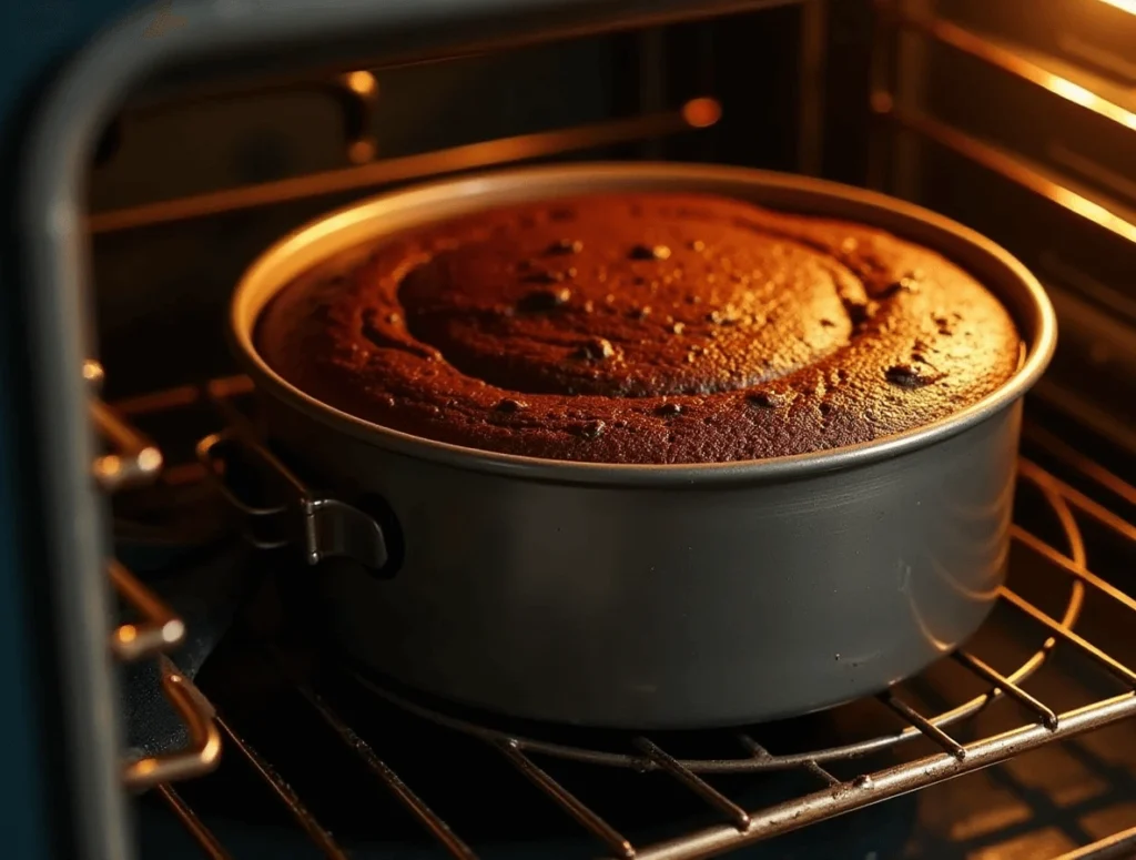 Chocolate coconut cake batter baking in the oven