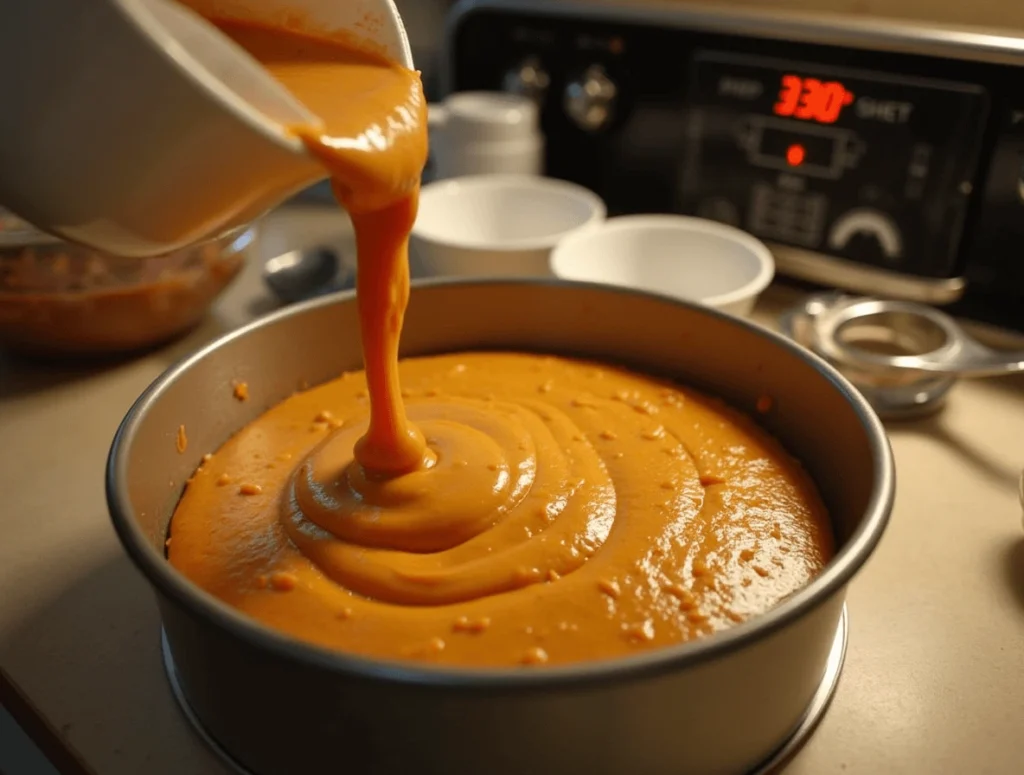 Carrot cake batter poured into a greased cake pan, ready to be baked.