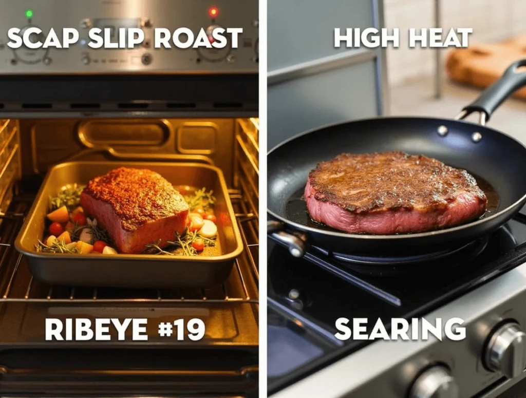 Comparing two cooking methods for ribeye roast: slow roasting and high-heat searing.