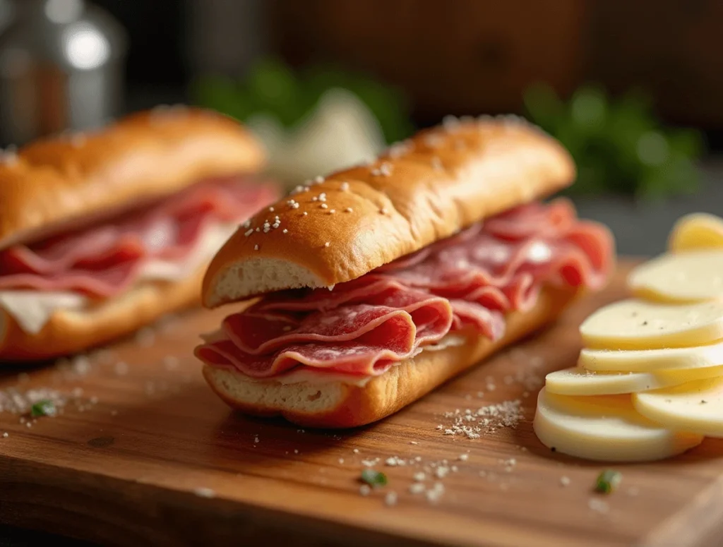 Slicing deli meats like salami, turkey, and roast beef, and layering them with provolone cheese on a hoagie roll for a grinder sandwich.