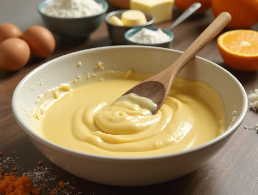 Mixing orange cake batter in a bowl with a wooden spoon, surrounded by baking ingredients like flour and eggs.