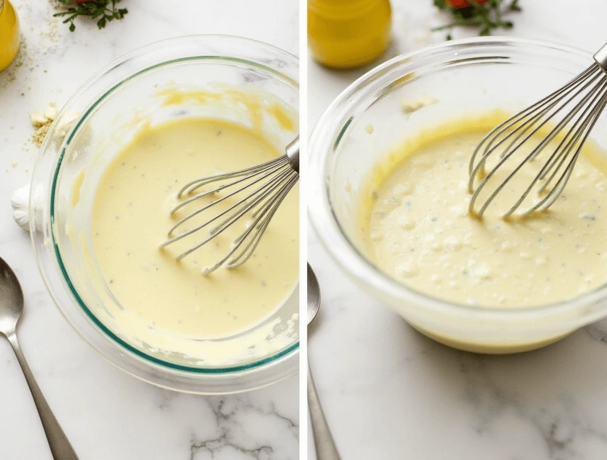 Whisking creamy grinder dressing made with mayo, vinegar, and Italian seasoning.