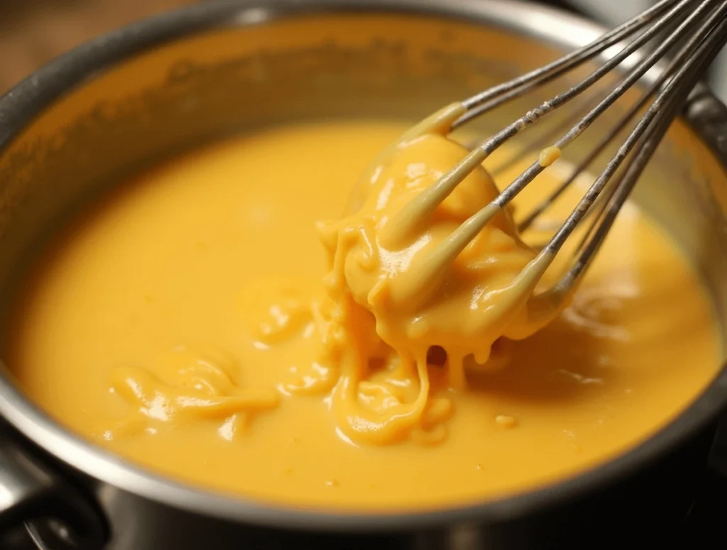 A saucepan on the stove with a creamy cheese sauce being stirred, with cheese melting into the mixture and steam rising from the pan.