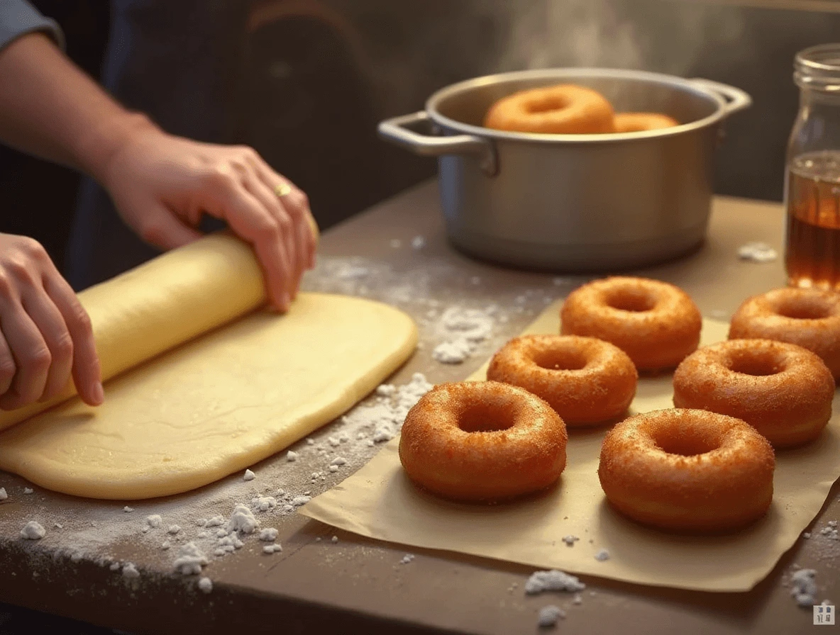 A baker cutting Long John donut dough into rectangular shapes, with some frying in hot oil until golden brown. Tiny bubbles form around the sizzling donuts.