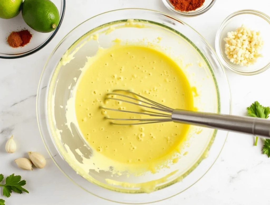 Whisking together a zesty dressing for dense bean salad with olive oil, lime juice, cumin, garlic, and paprika.