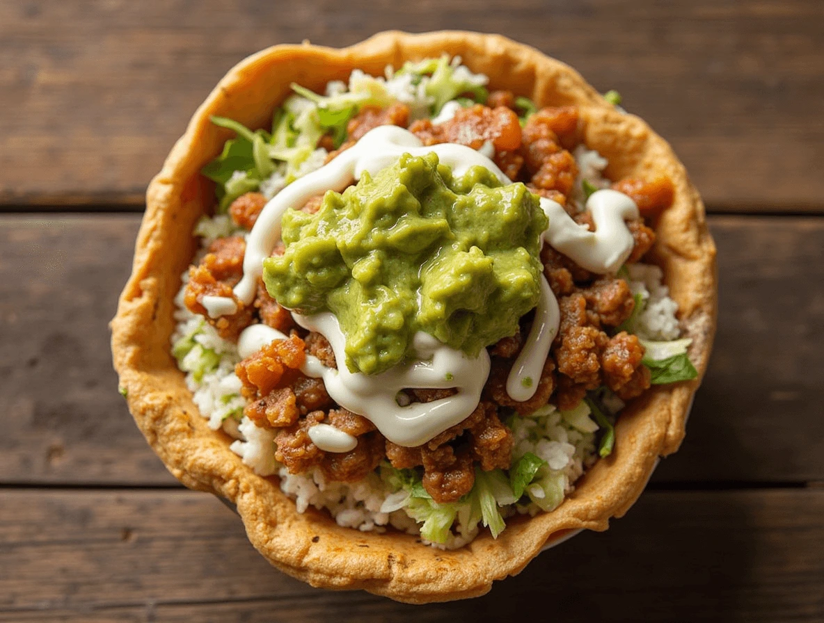 A crispy taco bowl topped with sour cream, guacamole, and salsa, carefully drizzled over seasoned meat and fresh veggies for the perfect finish.