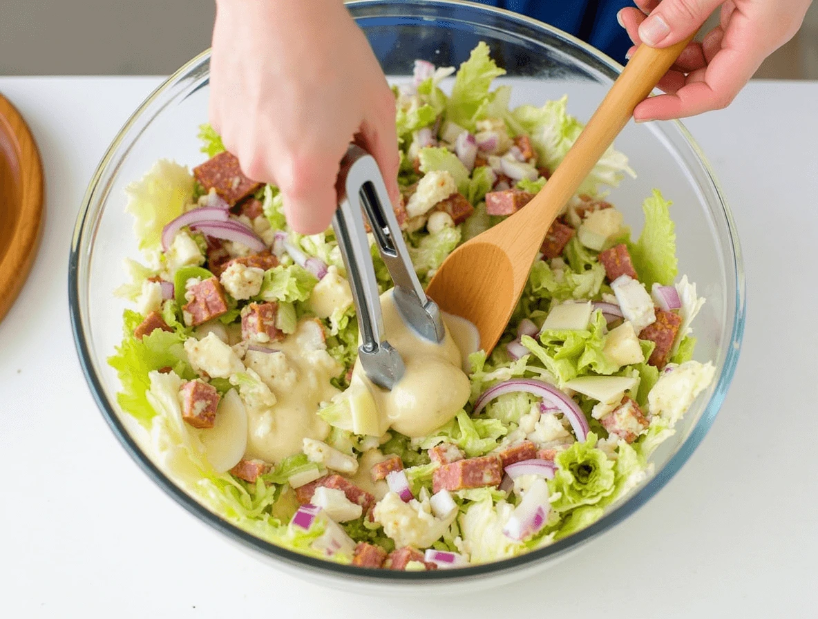 Tossing fresh grinder salad ingredients with creamy dressing to combine.