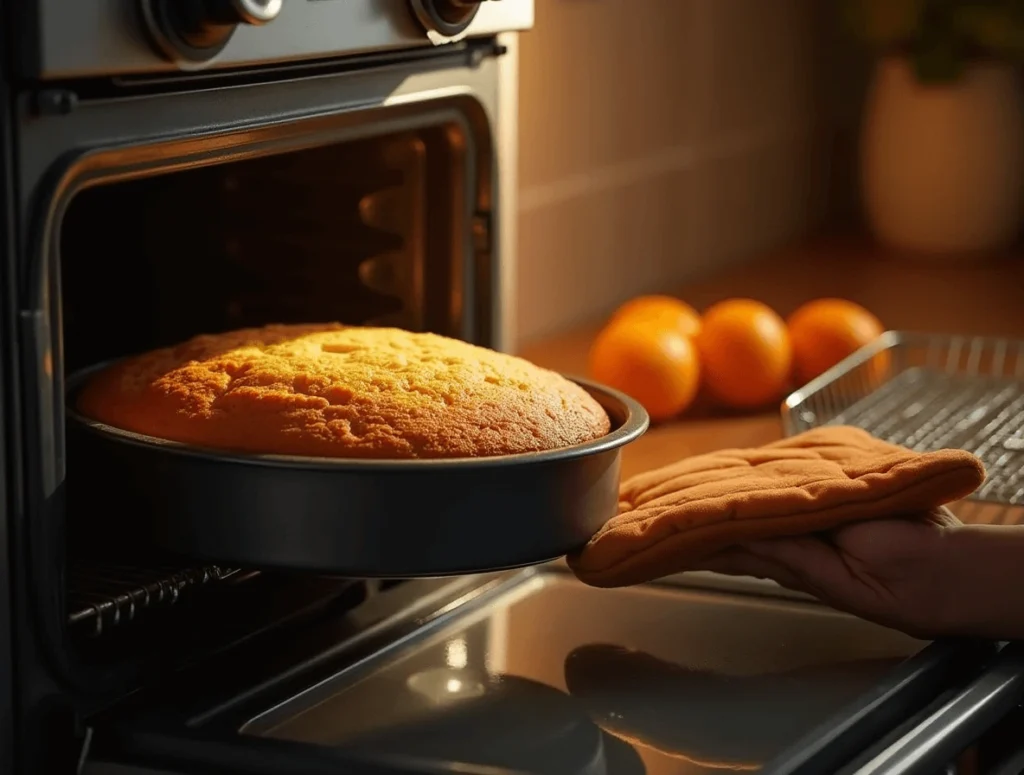 Orange cake baking in the oven, golden and fluffy with a perfect rise.