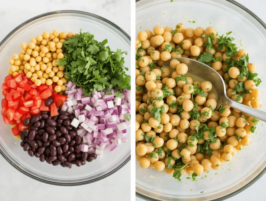 Combining ingredients for dense bean salad and letting it marinate in a bowl with a zesty dressing.