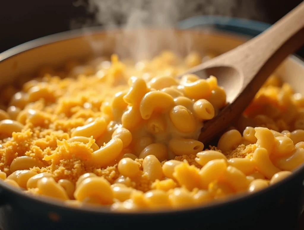 A baking dish filled with elbow macaroni mixed with creamy cheese sauce, topped with breadcrumbs and extra cheese, ready to go into the oven.