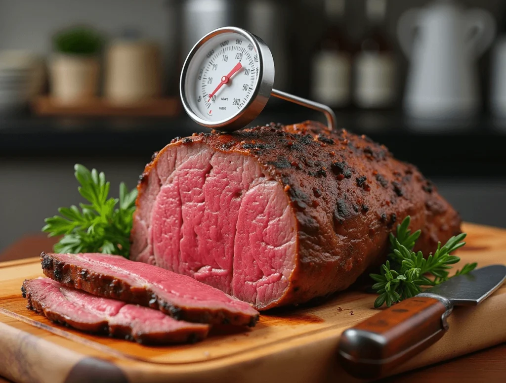 Internal temperature guide for ribeye roast with a thermometer showing different doneness levels.