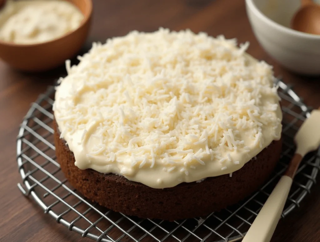 Cooling and frosting a chocolate coconut cake with coconut frosting