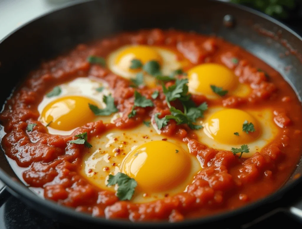 Eggs cracked into simmering shakshuka sauce, cooking until set in a skillet.