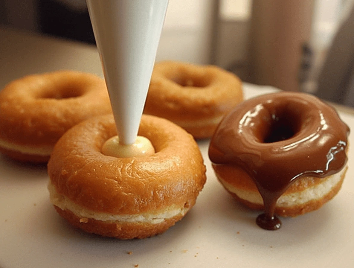 A baker piping Bavarian cream into a Long John donut while another donut is being dipped into a glossy chocolate glaze.