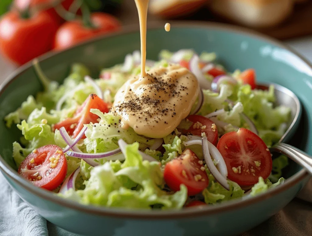 Preparing a fresh grinder salad with lettuce, tomatoes, onions, and a creamy dressing in a bowl.