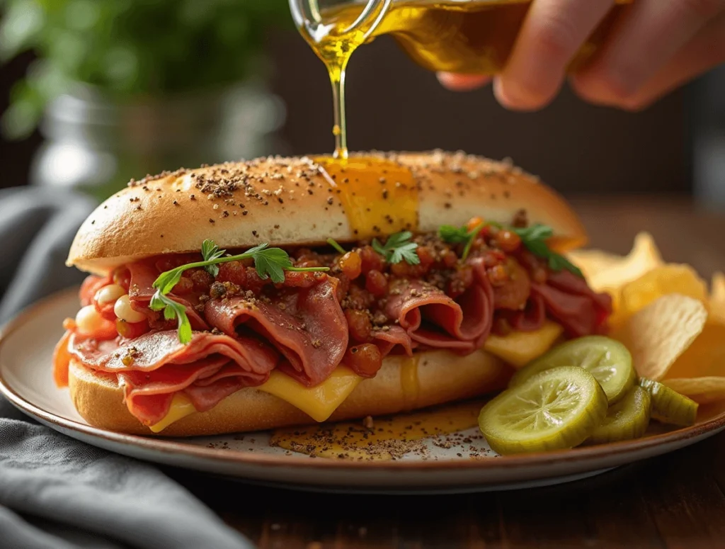 Assembling a grinder sandwich with layers of meats, cheese, grinder salad, and a sprinkle of seasoning on a toasted hoagie roll.