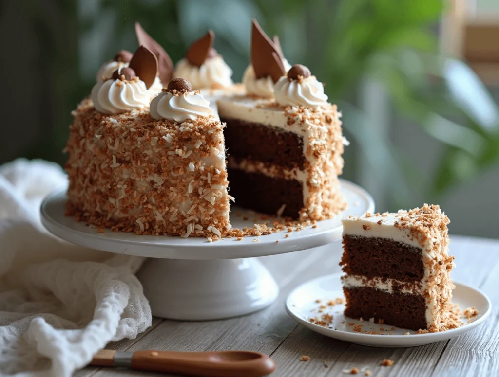 Decorated chocolate coconut cake served with a slice on a plate