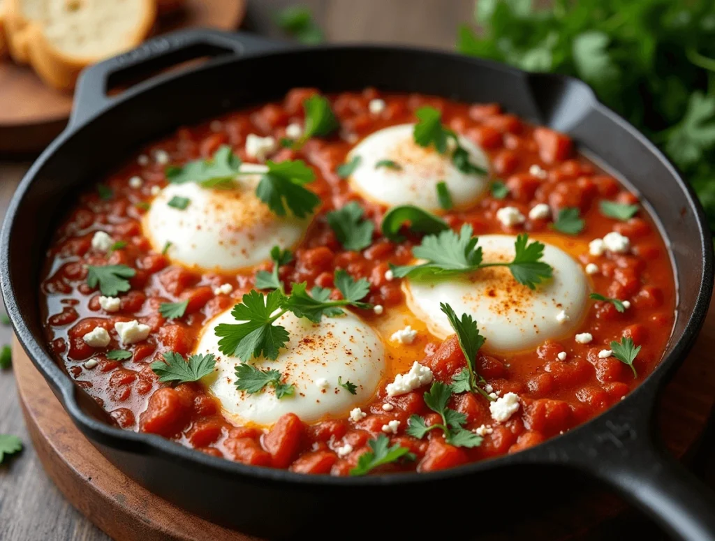 Shakshuka with eggs garnished with crumbled feta cheese and fresh herbs.