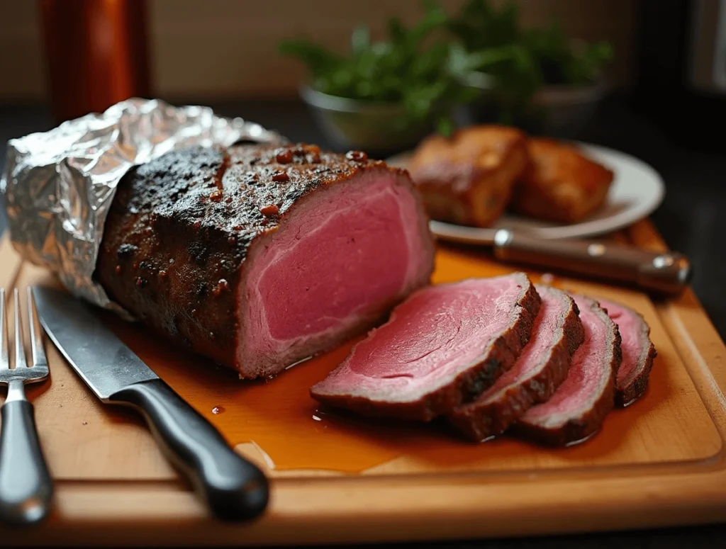 Ribeye roast resting on a cutting board, ready to be carved, with juices visibly redistributed.