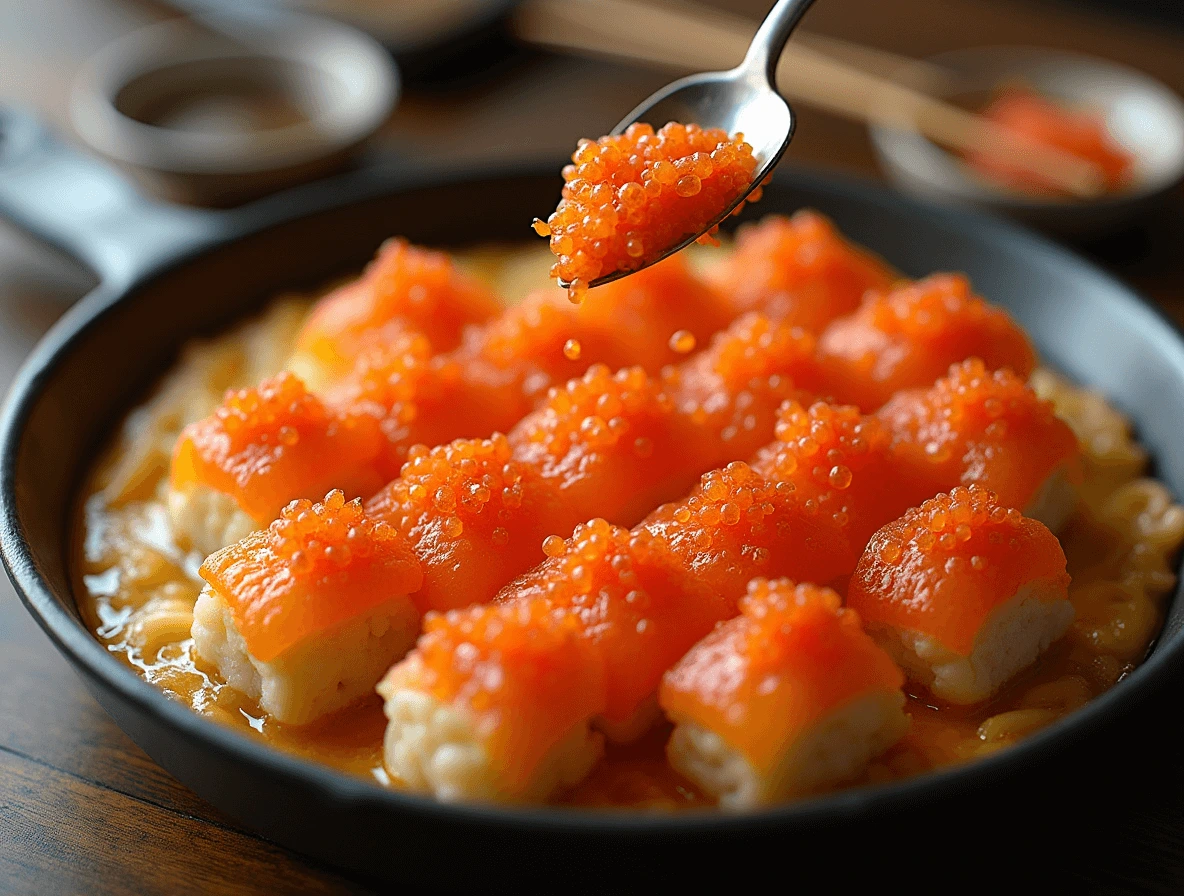 A vibrant topping of orange tobiko and red masago sprinkled over a freshly baked sushi bake tuna, adding a pop of color and a burst of umami flavor.