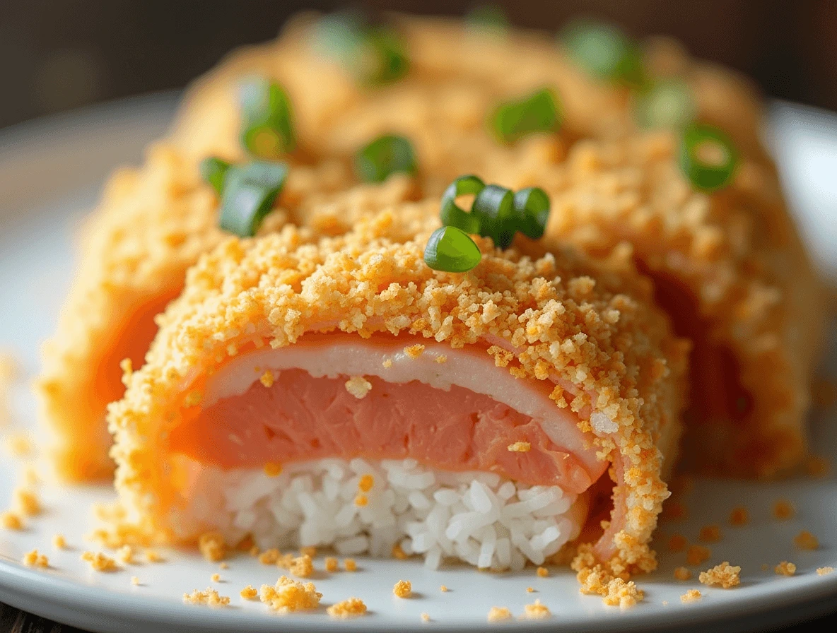 A bowl of golden toasted panko breadcrumbs being sprinkled over a sushi bake for added crunch.