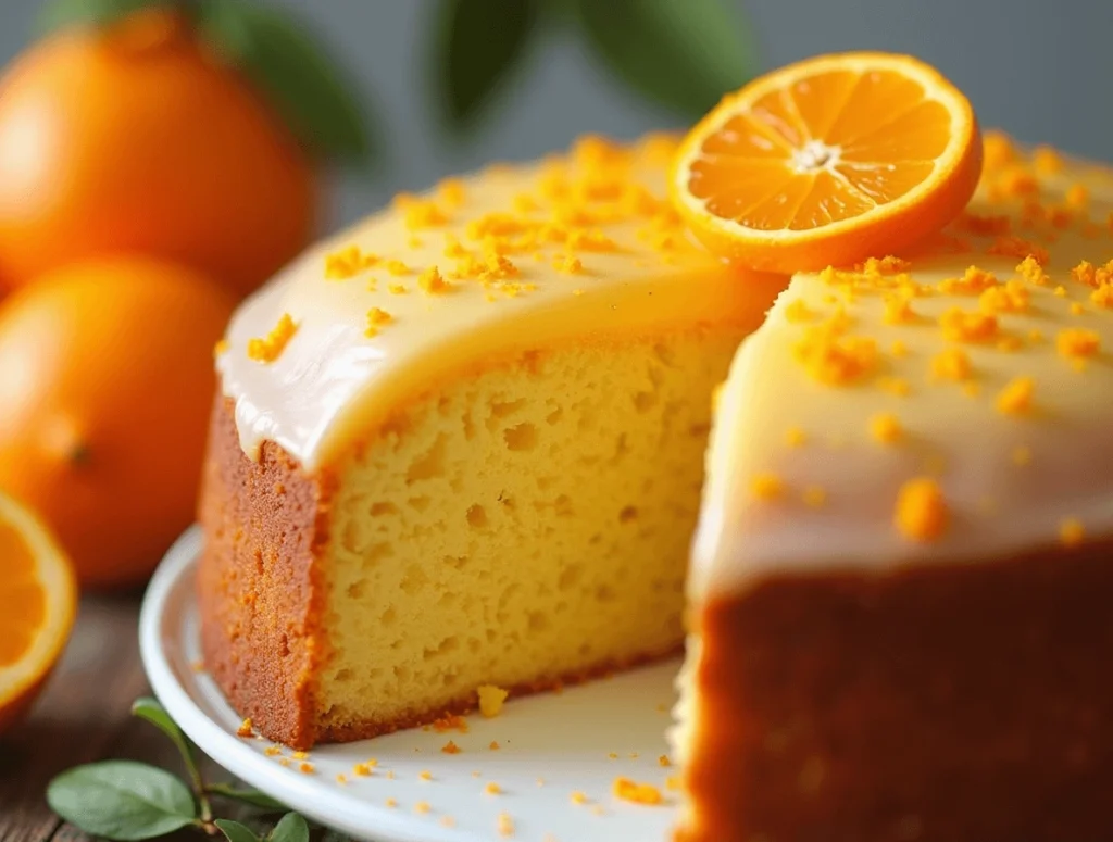 Close-up of a slice of orange cake showing its moist texture and vibrant citrus glaze.