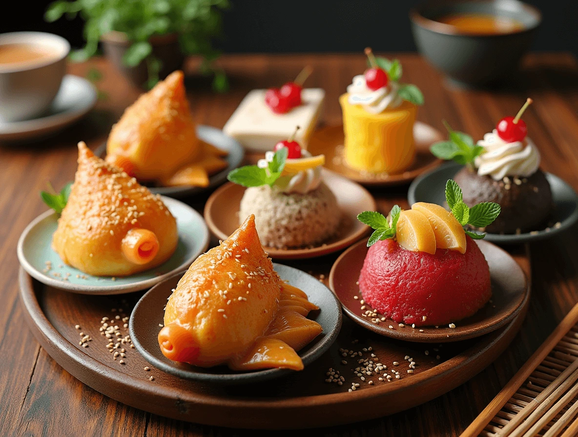 A variety of colorful and traditional Asian desserts including Taiyaki, Mango Sticky Rice, and Bubble Tea displayed on a wooden table.