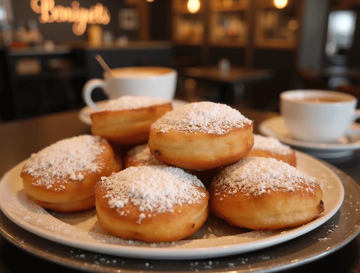 Freshly made beignets dusted with powdered sugar, served on a plate with a cup of coffee, evoking the classic New Orleans café experience.