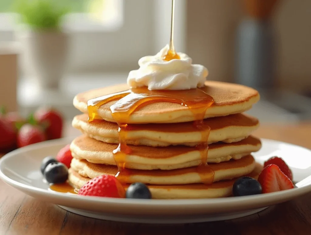Bisquick Pancake Recipe: Why These 3 Hacks Work Best 8 Fluffy stack of Bisquick Pancakes Recipe with maple syrup and fresh berries.